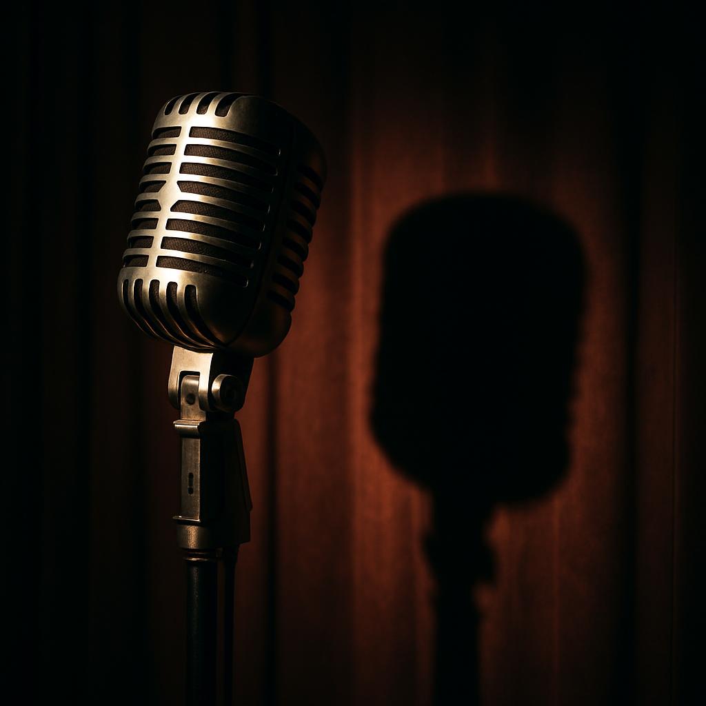 A closeup image of a vintage, aluminium ribbed microphone in front of a dark, wooden wall, under lighting that creates a s...